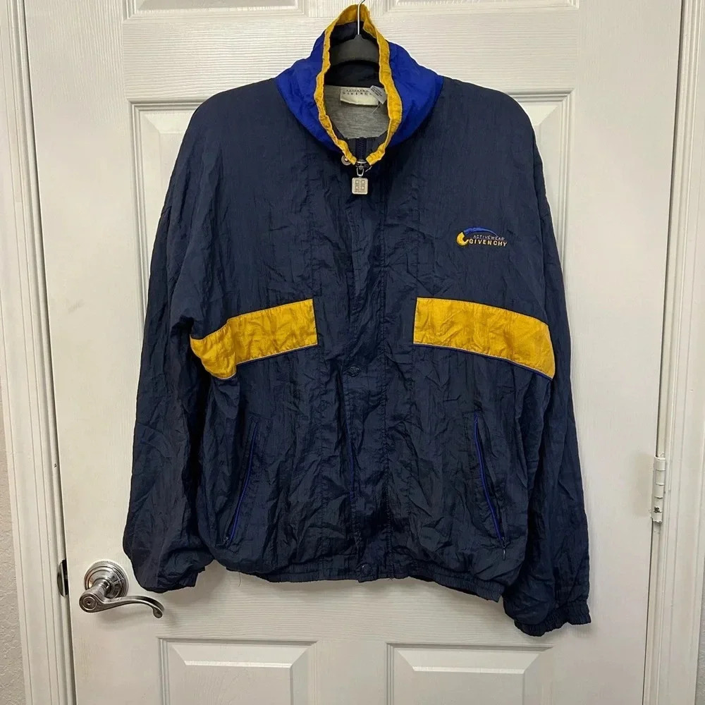 ! Vintage 90s Givenchy Activewear Blue Yellow Windbreaker Full Zip Jacke…